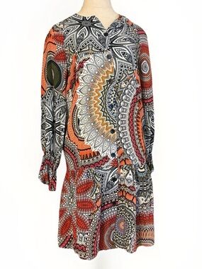 Nathalie Chaize Geometric Printed Long Sleeve Shift Dress - Orange Multi Boho